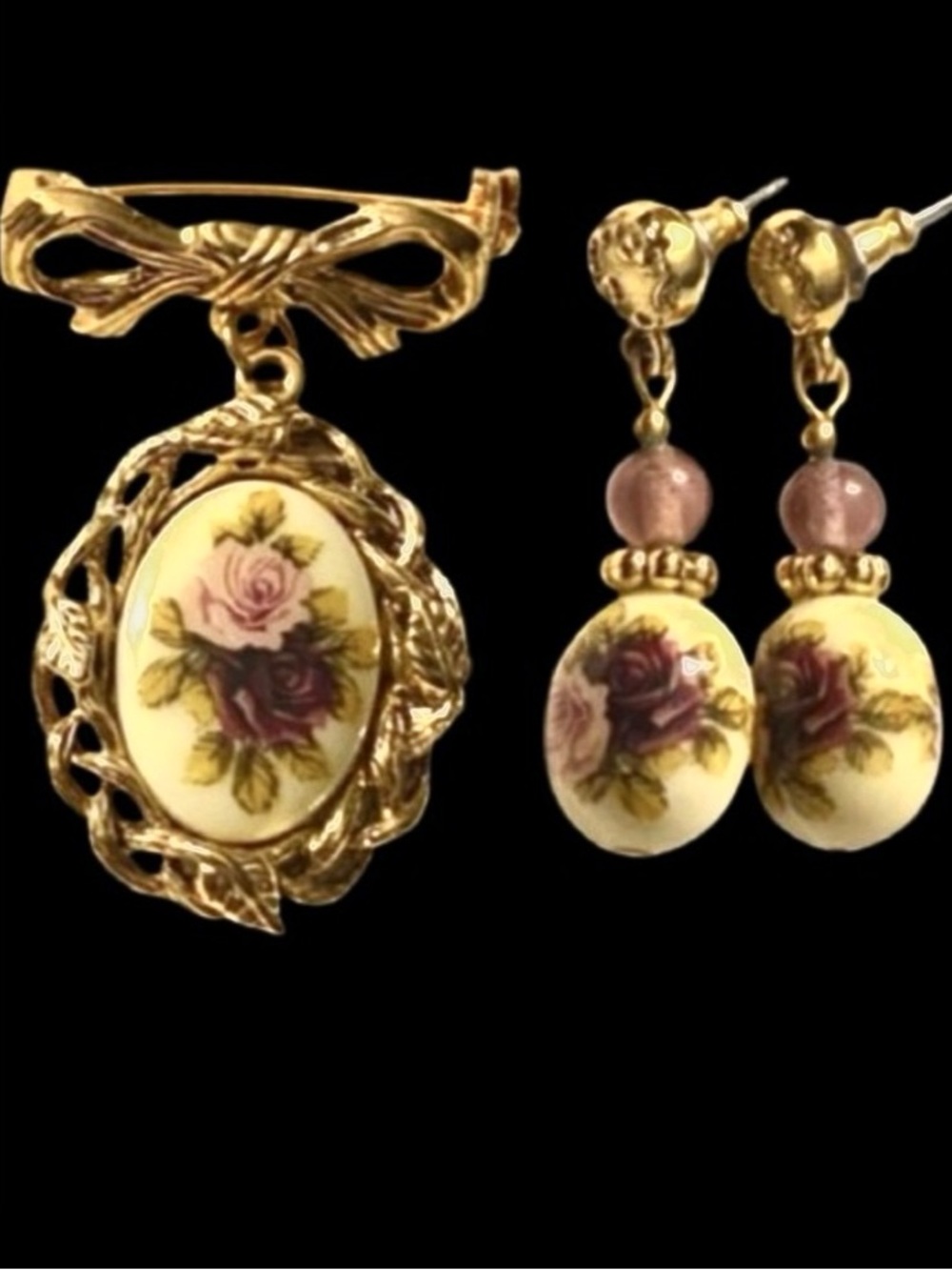 Vintage Porcelain Gold Tone Rose Floral Oval Brooch & Earrings Victorian Revival